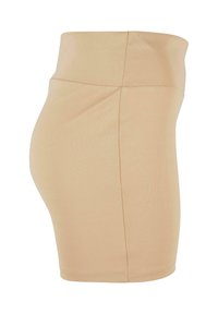 Beige rekbare bodycon rok met een hoge tailleband, gladde textuur en minimale naden, ontworpen voor een aansluitende look.