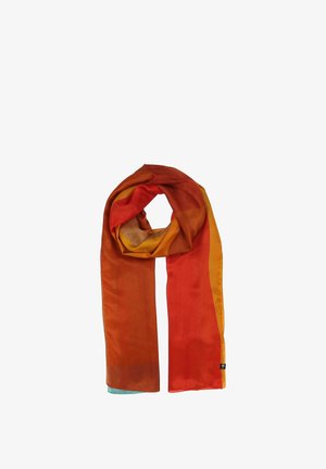 Šilko šalikas su gradientiniu dizainu, kuriame vyrauja raudonos, oranžinės ir geltonos spalvos, sklandžiu paviršiumi ir apdirbtais kraštais.