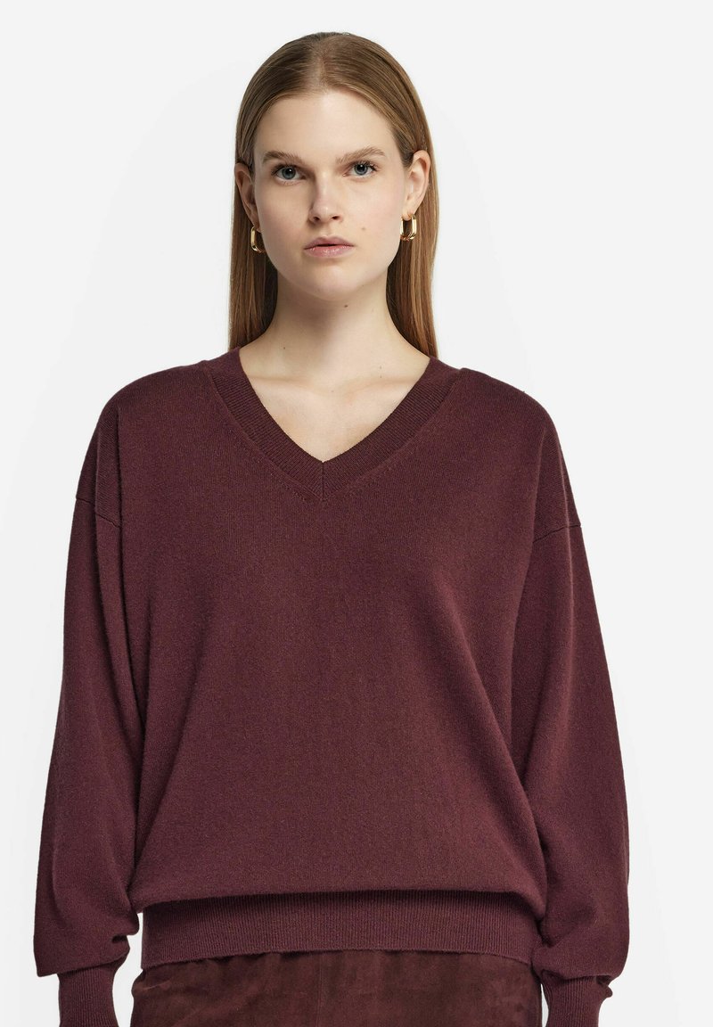 Burgunderfarbener Pullover mit V-Ausschnitt, langen Ärmeln und lässiger Passform. Das Material wirkt weich mit einer glatten Textur, geeignet für Freizeitbekleidung.