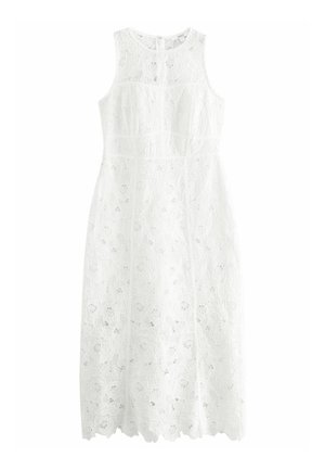 Weißes Spitzenkleid ohne Ärmel mit floralem Muster, gewelltem Saum und einer Schlüssellochöffnung hinten. Aus leichtem Material gefertigt.