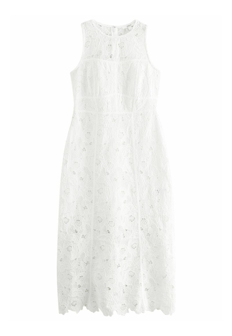 Weißes Spitzenkleid ohne Ärmel mit floralem Muster, gewelltem Saum und einer Schlüssellochöffnung hinten. Aus leichtem Material gefertigt.