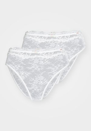 White lace panties, featuring a floral pattern, scalloped edges, and a soft elastic waistband. Comes in a set of two.