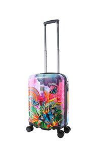 Hard-shell suitcase featuring a vibrant butterfly and floral design in pink, green, and blue. Retractable handle and four black wheels.