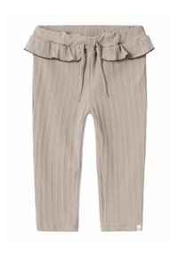 Graue gerippte Leggings mit einem Rüschensaum, ausgestattet mit einem Kordelzugverschluss und subtiler Textur über die gesamte Fläche. Kleines Logo-Tag am Saum.