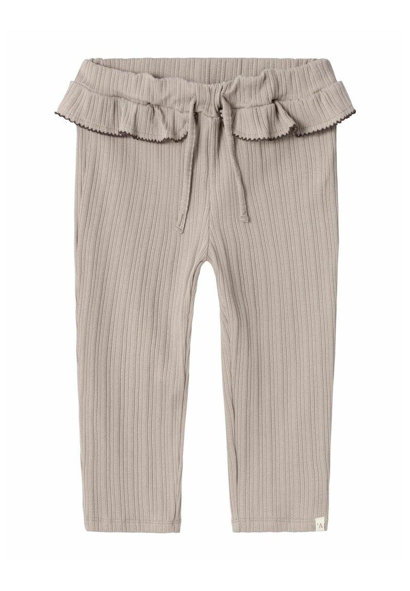 Graue gerippte Leggings mit einem Rüschensaum, ausgestattet mit einem Kordelzugverschluss und subtiler Textur über die gesamte Fläche. Kleines Logo-Tag am Saum.