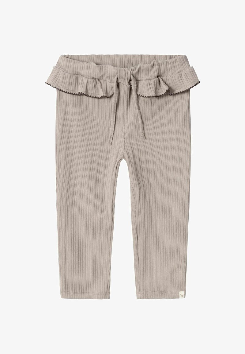 Graue gerippte Leggings mit einem Rüschensaum, ausgestattet mit einem Kordelzugverschluss und subtiler Textur über die gesamte Fläche. Kleines Logo-Tag am Saum.