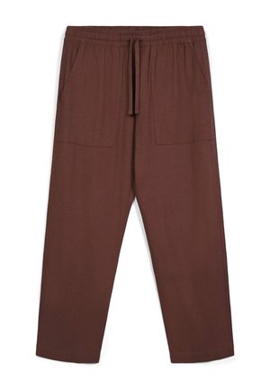 Pantaloni marroni leggeri con vita elasticizzata e cordino regolabile, dotati di due tasche frontali e un taglio dritto.