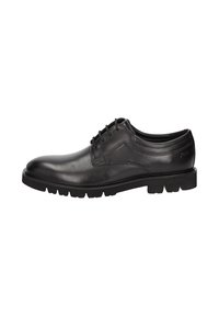 Chaussure de ville en cuir noir avec une finition lisse, bout rond, design lacé à cinq œillets et semelle en caoutchouc texturé.