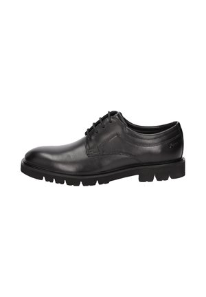 Chaussure de ville en cuir noir avec une finition lisse, bout rond, design lacé à cinq œillets et semelle en caoutchouc texturé.