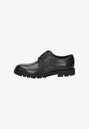 Chaussure de ville en cuir noir avec une finition lisse, bout rond, design lacé à cinq œillets et semelle en caoutchouc texturé.