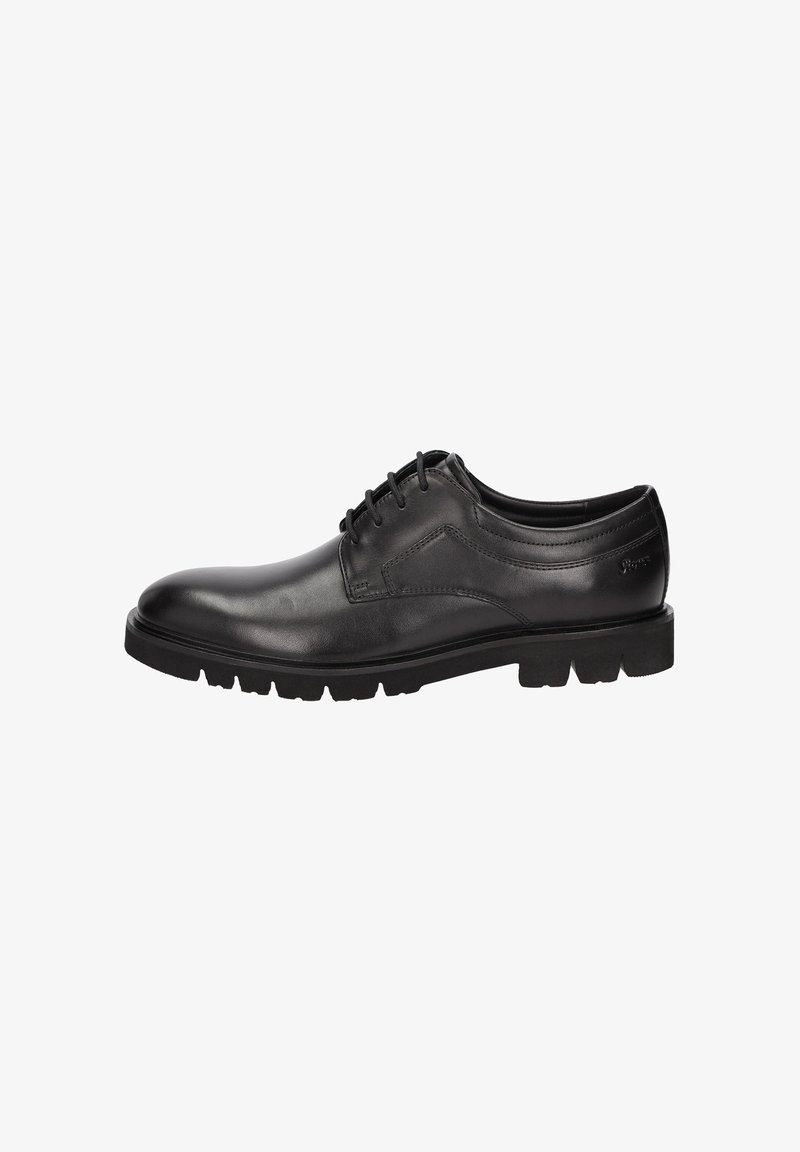 Zwarte leren dresschoenen met een gladde afwerking, ronde neus, vijf gaatjes vetersluiting en een gestructureerde rubberen zool.