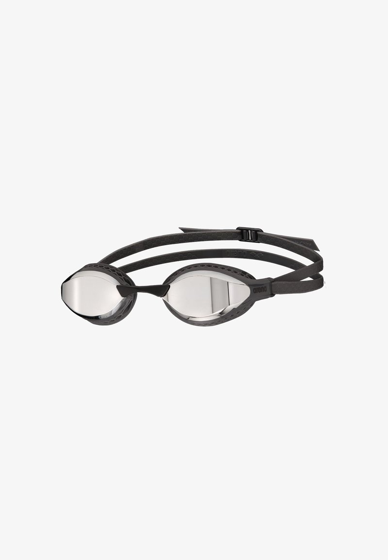 Black swimming goggles with mirrored lenses, soft rubber gaskets, and adjustable straps featuring a textured design for a secure fit.