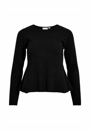 Zwart geribd gebreid shirt met lange mouwen, een ronde hals en een peplum zoom. Soepele textuur met een aansluitend lijfje dat zacht uitloopt bij de taille.