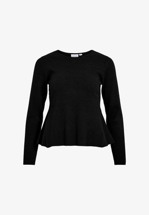 Zwart geribd gebreid shirt met lange mouwen, een ronde hals en een peplum zoom. Soepele textuur met een aansluitend lijfje dat zacht uitloopt bij de taille.