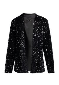 Blazer nero con paillettes, caratterizzato da un design aperto sul davanti, con una fodera interna liscia e un luccichio creato da numerose paillettes riflettenti.