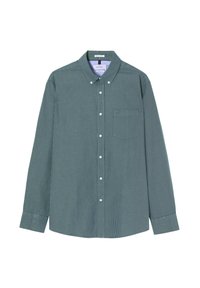 Camisa a cuadros verde y blanca con mangas largas, cuello abotonado y un solo bolsillo en el pecho. Fabricada con una tela tejida de textura suave.