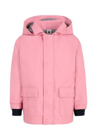 Giacca impermeabile rosa chiaro con cappuccio, dotata di due tasche frontali, fodera interna a righe e polsini blu navy. Design semplice, senza motivi.