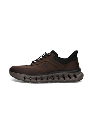Dunkelbrauner Ledersneaker mit schwarzem gepolstertem Kragen, schwarzen Schnürsenkeln und dicker Sohle mit ovalen Aussparungsdetails.