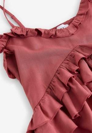 Šaty v rustikálnej farbe s riaseným výstrihom a lemom. Vyrobené z textúrovaného materiálu s nastaviteľnými ramienkami a nariaseným dizajnom.