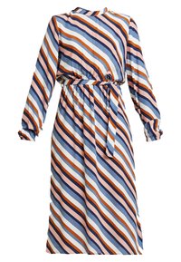 Gestreiftes Langarmkleid mit tailliertem Gürtel. Die Farben umfassen Orange, Blau, Pink und Weiß in diagonalen Linien. Weicher Stoff mit elastischen Ärmeln.