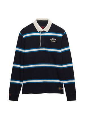 Marineblauw rugbyshirt met lange mouwen, witte en blauwe horizontale strepen, witte kraag en het logo "S&DRY NY State" op de borst.