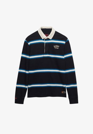 Maglia da rugby a maniche lunghe di colore blu navy con strisce orizzontali bianche e blu, collo bianco e logo "S&DRY NY State" sul petto.