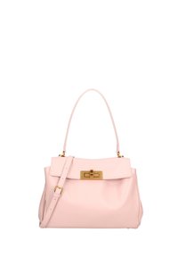 Borsa in pelle rosa con forma strutturata, manico superiore, tracolla removibile e dettaglio in metallo dorato per la chiusura.