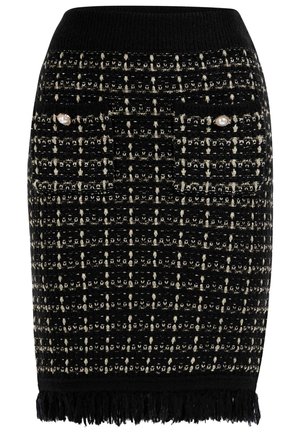 Fekete tweed szoknya aranyszálas mintával, gyöngy díszítéssel a zsebeknél, bordázott derékrésszel és bojt részletekkel.
