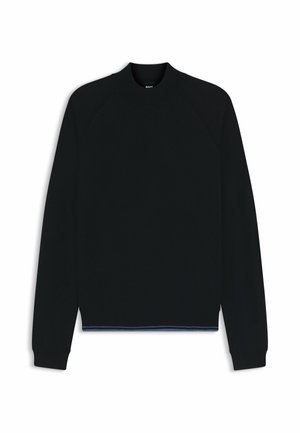 Felpa nera con collo alto, maniche raglan e orlo a costine con accenti blu. Texture liscia, design minimalista.