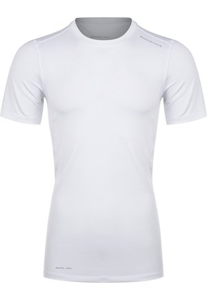 T-shirt de sport blanc à manches courtes en tissu évacuant l'humidité, avec un col rond et le texte "SÉCHAGE RAPIDE" près de l'ourlet.