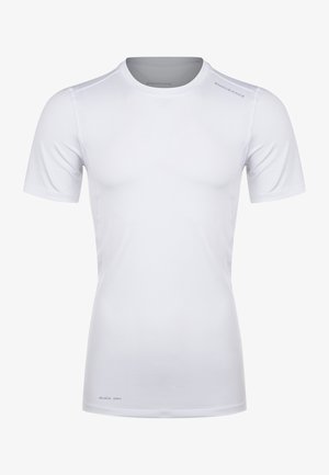T-shirt de sport blanc à manches courtes en tissu évacuant l'humidité, avec un col rond et le texte "SÉCHAGE RAPIDE" près de l'ourlet.