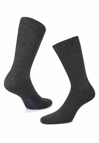 Ciemnoszare bawełniane skarpetki z prążkowanymi mankietami i gładką fakturą. Posiadają niebieskie logo po boku, zaprojektowane z myślą o komforcie i dopasowaniu.