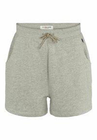 Šedé bavlněné šortky s elastickým pasem, nastavitelným stahovacím šňůrkou a bočními kapsami. Na lemu je malé logo.