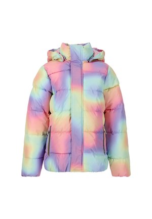 Gevoerde winterjas met een capuchon, met een kleurrijk regenbooggradiëntontwerp, een zachte textuur en een verticaal gestikt patroon. Met ritszakken.
