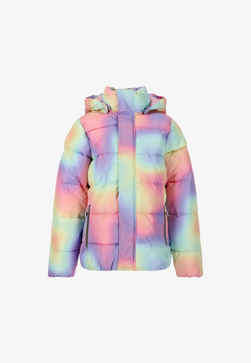 Polstret vinterjakke med hætte, der har et farverigt regnbuefarvet design, glat tekstur og lodret quiltet mønster. Med lynlåslommer.