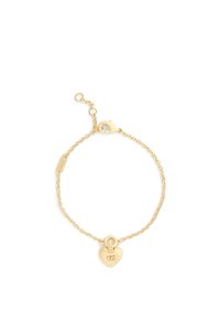 Gold chain bracelet with a heart-shaped charm featuring a small letter "C." Detailed links and a lobster clasp closure.