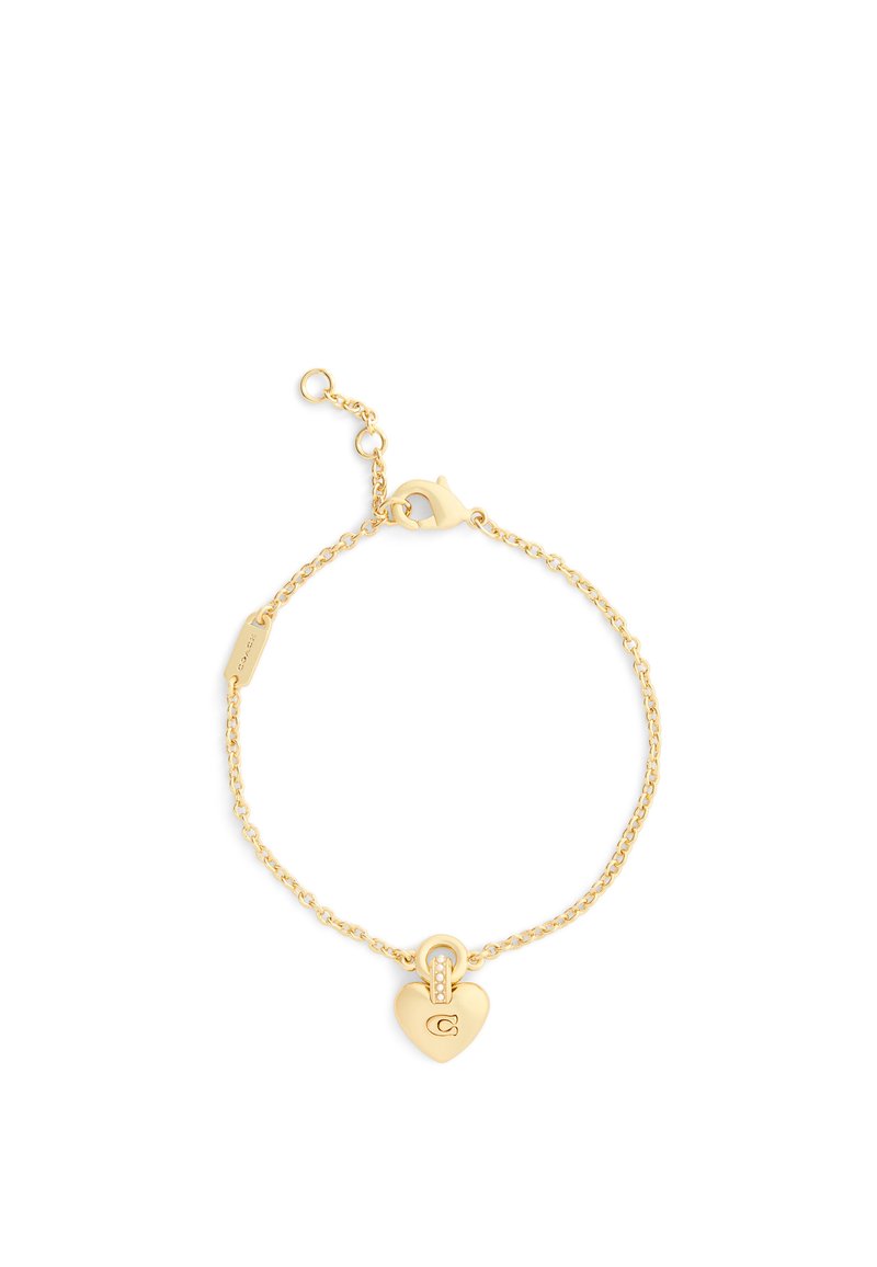 Gold chain bracelet with a heart-shaped charm featuring a small letter "C." Detailed links and a lobster clasp closure.