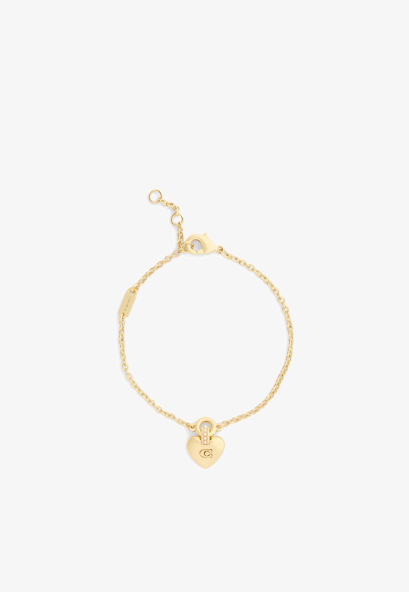 Gold chain bracelet with a heart-shaped charm featuring a small letter "C." Detailed links and a lobster clasp closure.