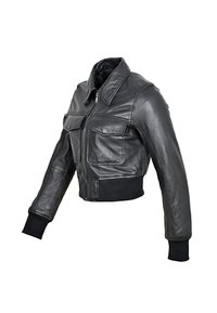 Black leather bomber jacket with a cropped design, featuring two front pockets, a zip closure, and ribbed cuffs and hem.