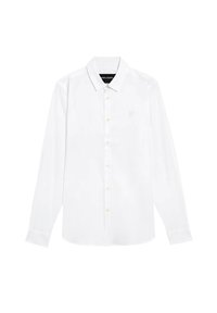 Camicia button-down a maniche lunghe in cotone bianco, con colletto classico, ricamo del logo discreto e bottoni gialli lungo la parte frontale.