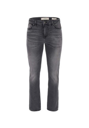 Jeans de mezclilla gris con un corte recto, bolsillos delanteros y cierre de botón. La tela tiene una ligera textura de desgaste.