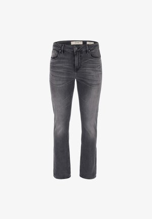 Halli denim püksid, millel on sirge jalg, ees olevad taskud ja nööpkinnitus. Kangas on kergelt pleekinud tekstuuriga.