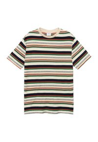 T-shirt rayé à manches courtes, présentant des lignes horizontales en marine, vert, rouge et crème. Tissu doux et col rond.