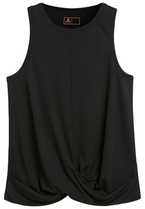 Débardeur noir sans manches avec encolure ronde et détail twisté à l’avant de l’ourlet, confectionné dans un tissu doux et lisse.