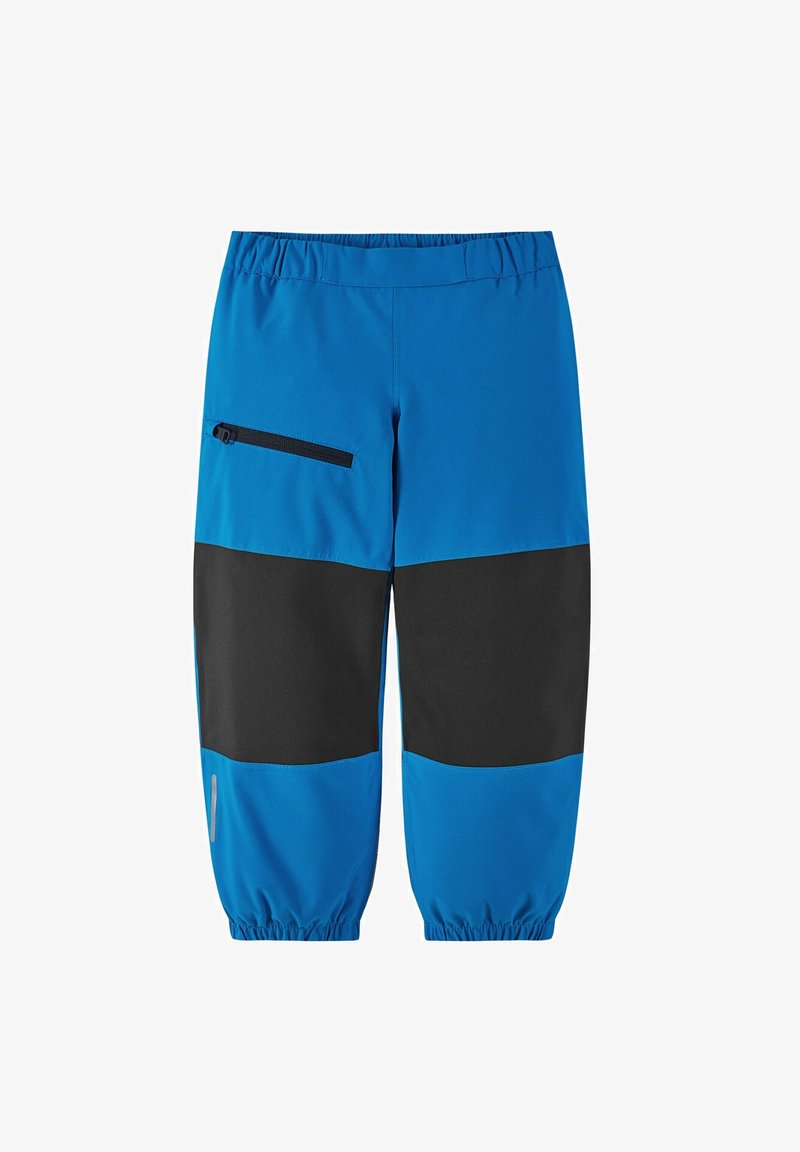 Blaue und schwarze Outdoor-Hosen mit elastischem Bund, Reißverschlusstasche und elastischen Bündchen. Hergestellt aus strapazierfähigem, leichtem Material.