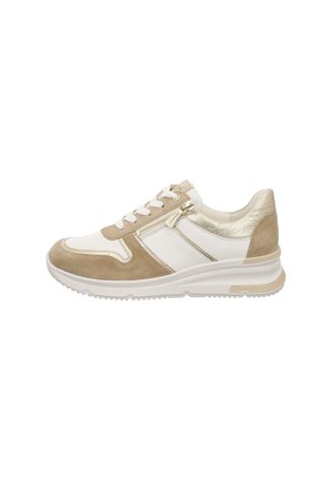 Baskets en cuir beige et blanc avec fermeture à lacets, fermeture éclair latérale et semelle coussinée, idéales pour un usage décontracté ou sportif.