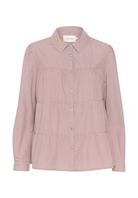 Camicia button-up rosa chiaro con maniche lunghe, dettagli plissettati e colletto. Realizzata in un tessuto morbido con una vestibilità comoda.