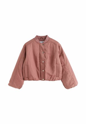 Gekürzte Bomberjacke in sanftem Rosa, aus glattem Stoff gefertigt. Sie verfügt über einen runden Kragen, Druckknöpfe und Seitentaschen mit Rippdetails.