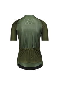 Maillot de ciclismo de manga corta en verde oscuro, con una textura de malla transpirable, bolsillo en la parte posterior y detalles reflectantes para mayor visibilidad.