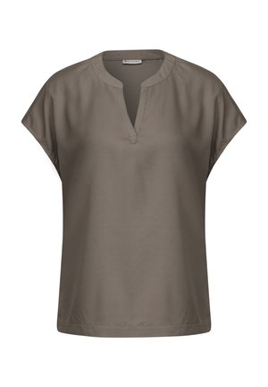 Short-sleeve blouse in a muted brown color, featuring a v-neckline and a smooth, lightweight fabric with a relaxed fit.